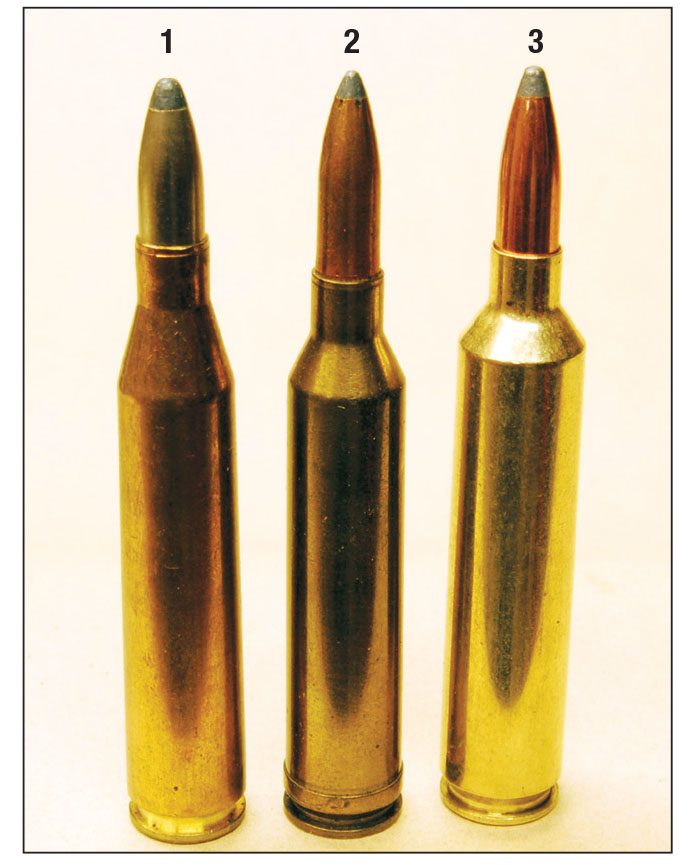 The 6.5x68mm Schuler of 1930 (1) and the 264 Winchester Magnum (2) were the only powerful factory 6.5mm cartridges until the 26 Nosler (3) came along.